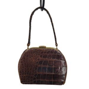 Vintage 40's Top Handle Handbag Brown Leather Croc Embossed Gold Framed Clasp